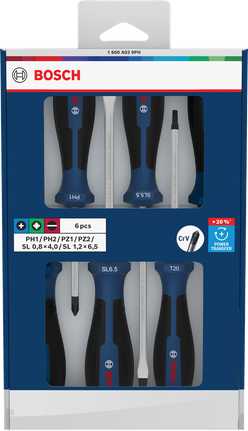 Set obeng Bosch 6 buah dengan gagang krom vanadium.